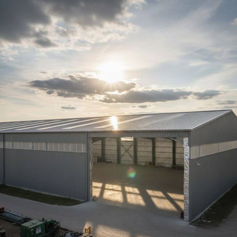 Heavy-duty industrial metal warehouse with solar reflective roofing for thermally efficient storage solutions.